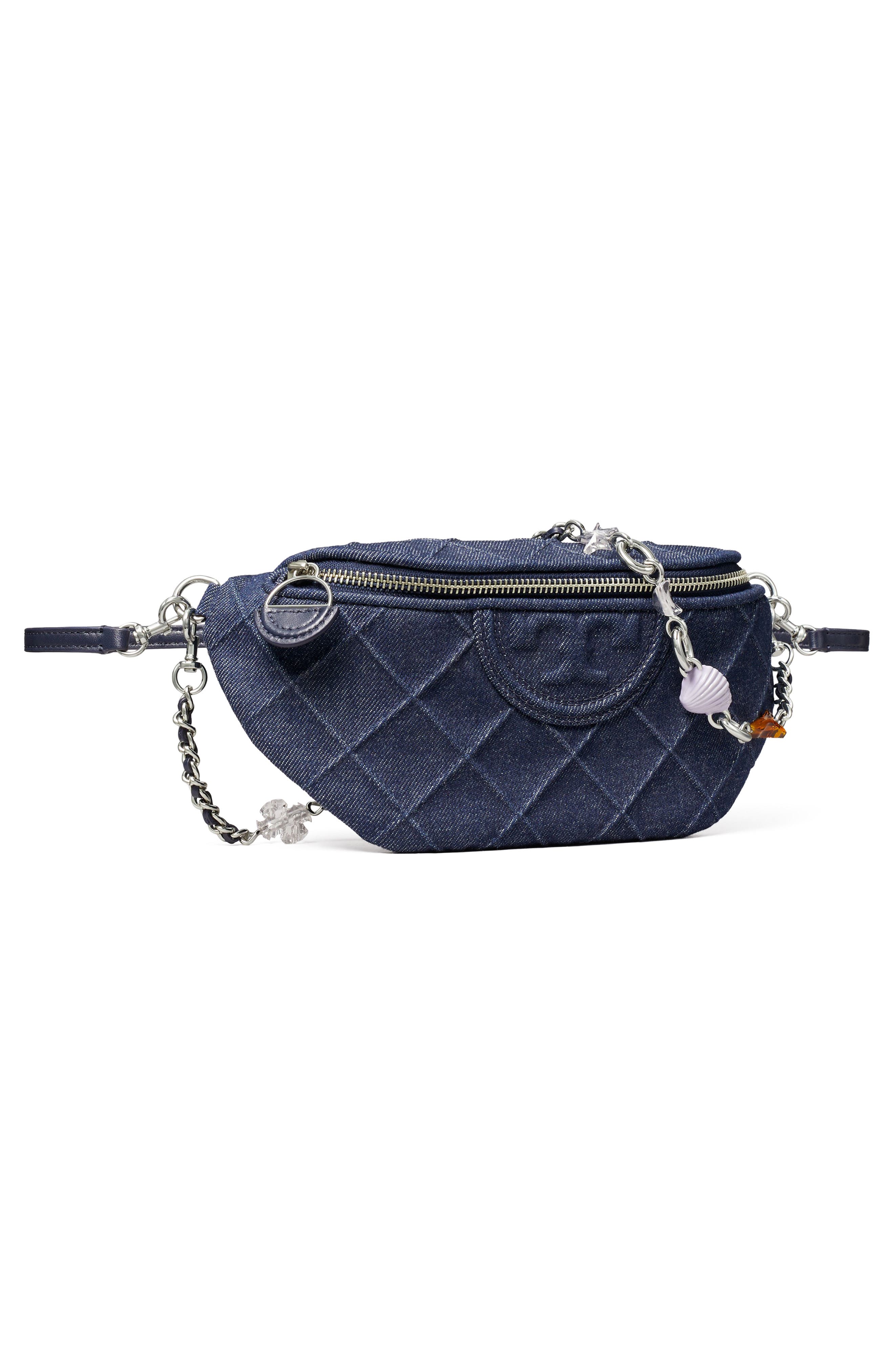 Tory Burch Fleming Quilted Denim Belt Bag, Alternate, color, Blue