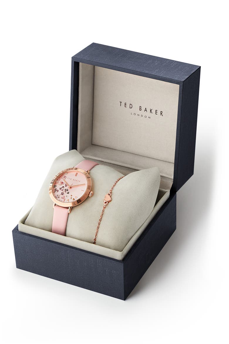 Ammy Hearts Leather Strap Watch & Bracelet Set, 34mm, Alternate, color, PINK