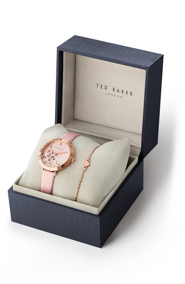 Ted Baker London Ammy Hearts Leather Strap Watch & Bracelet Set, 34mm, Alternate, color, Pink