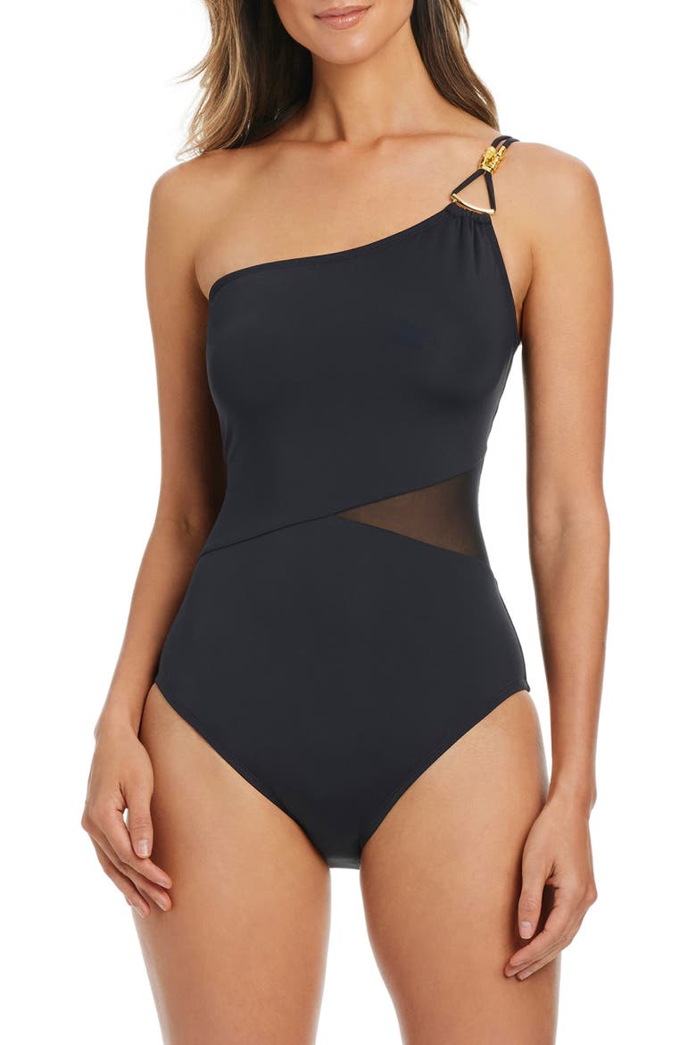 Asymmetrical One-Shoulder One-Piece Swimsuit, Main, color, BLACK