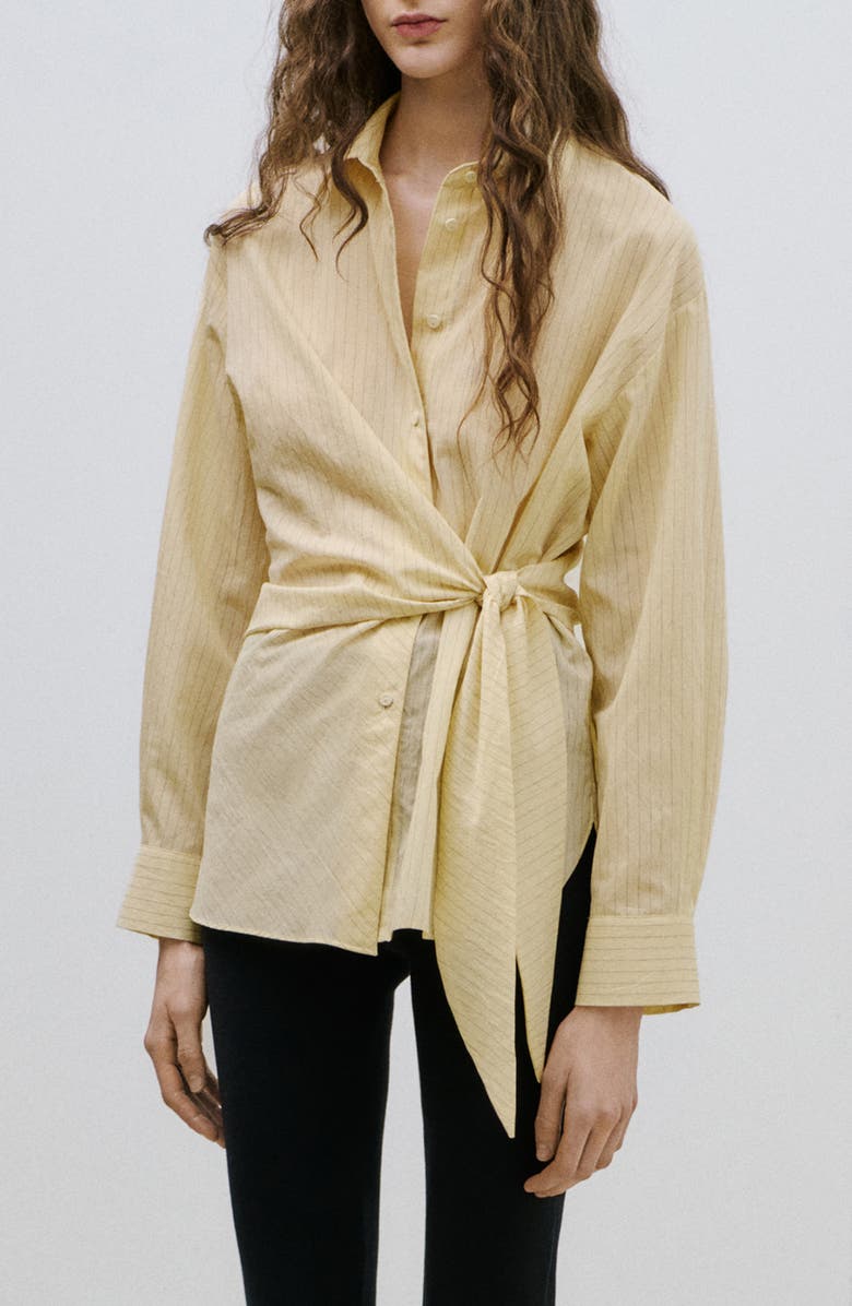 MANGO Stripe Tie Waist Cotton Blend Button-Up Shirt, Main, color, Pastel Yellow
