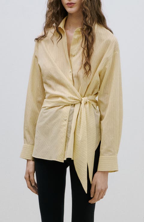 Stripe Tie Waist Cotton Blend Button-Up Shirt