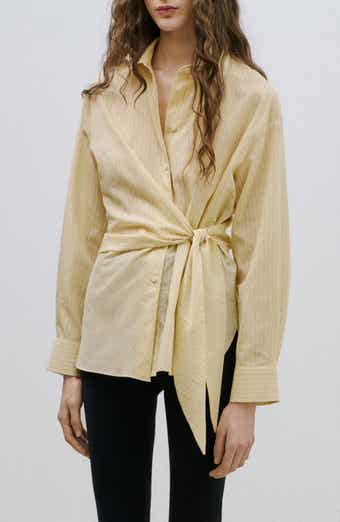 Stripe Tie Waist Cotton Blend Button-Up Shirt