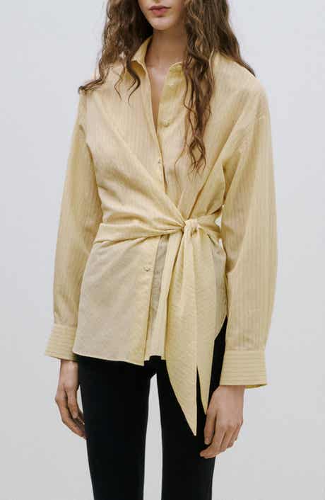 Stripe Tie Waist Cotton Blend Button-Up Shirt