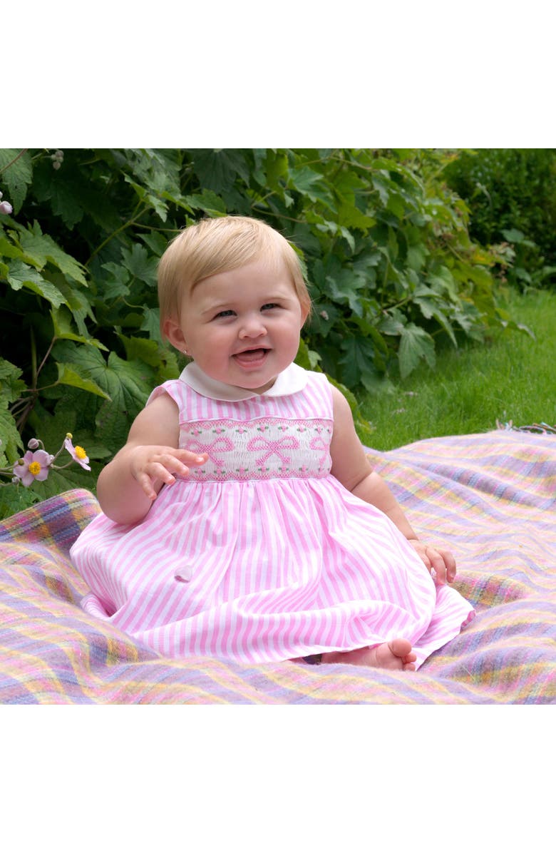 Rachel Riley Bow Smocked Striped Dress and Bloomers, Alternate, color, Pink