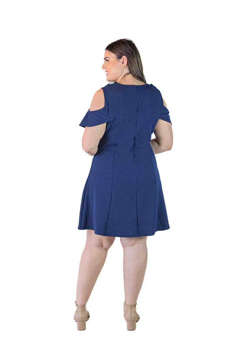 24seven Comfort Apparel Plus Size Ruffle Cold Shoulder A Line Knee Length Dress, Alternate, color, Navy