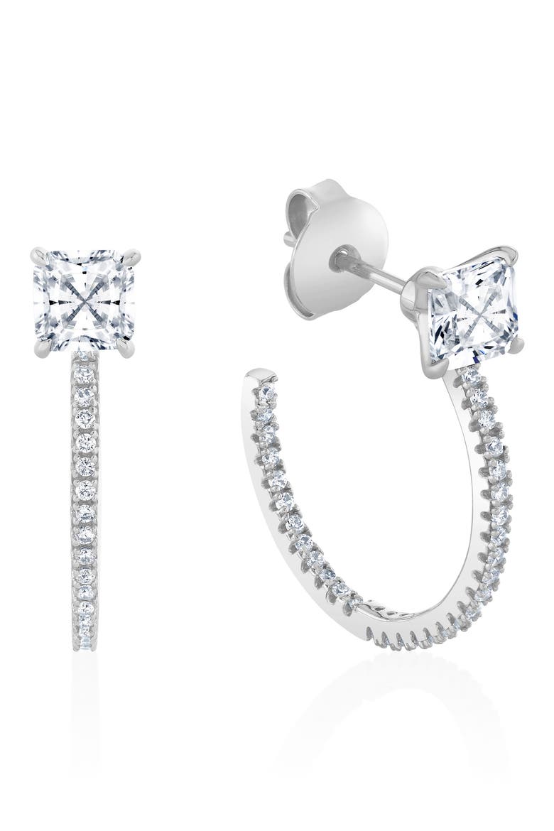 Princess-Cut Pavé Cubic Zirconia Huggie Hoop Earrings, Main, color, PURE PLATINUM / CLEAR STONE