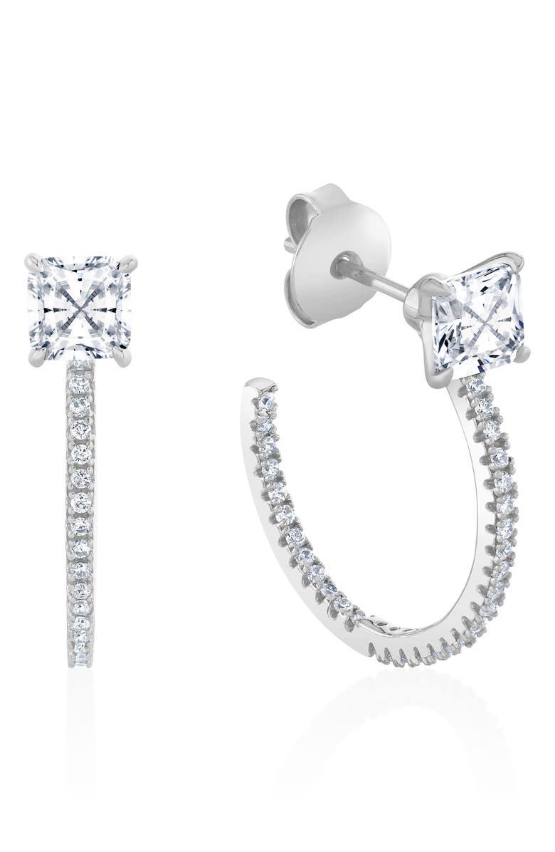 Crislu Princess-Cut Pavé Cubic Zirconia Huggie Hoop Earrings, Main, color, Pure Platinum / Clear Stone