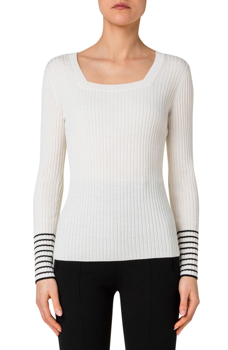 Akris punto Square Neck Rib Virgin Merino Wool Fitted Sweater, Main, color, 