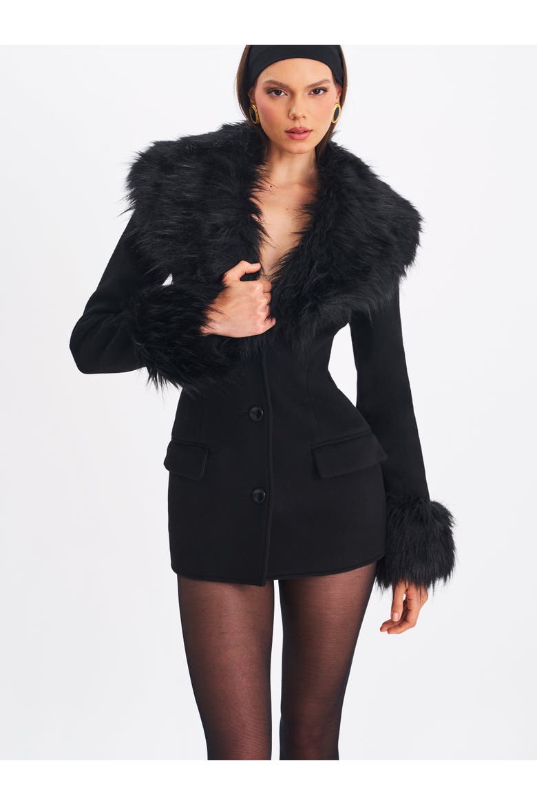 Hailee Single Breasted Wool Blend Mini Coat with Removable Fur Lapel, Alternate, color, Black