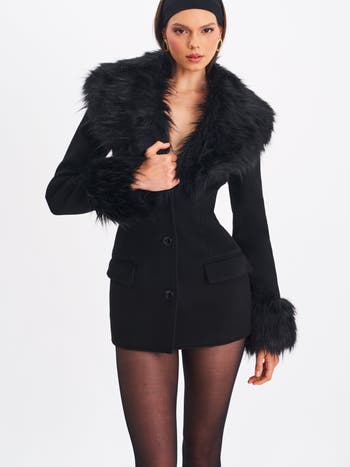 Hailee Single Breasted Wool Blend Mini Coat with Removable Fur Lapel
