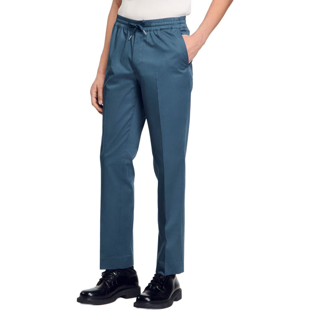 Sandro Alpha Cotton Blend Straight Leg Drawstring Pants In Thunderstorm Blue