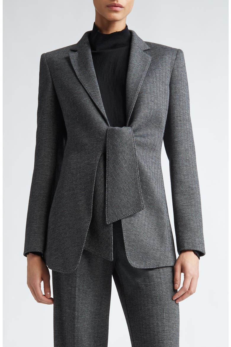 Monia Tie Front Herringbone Jersey Blazer, Main, color, DARK GREY