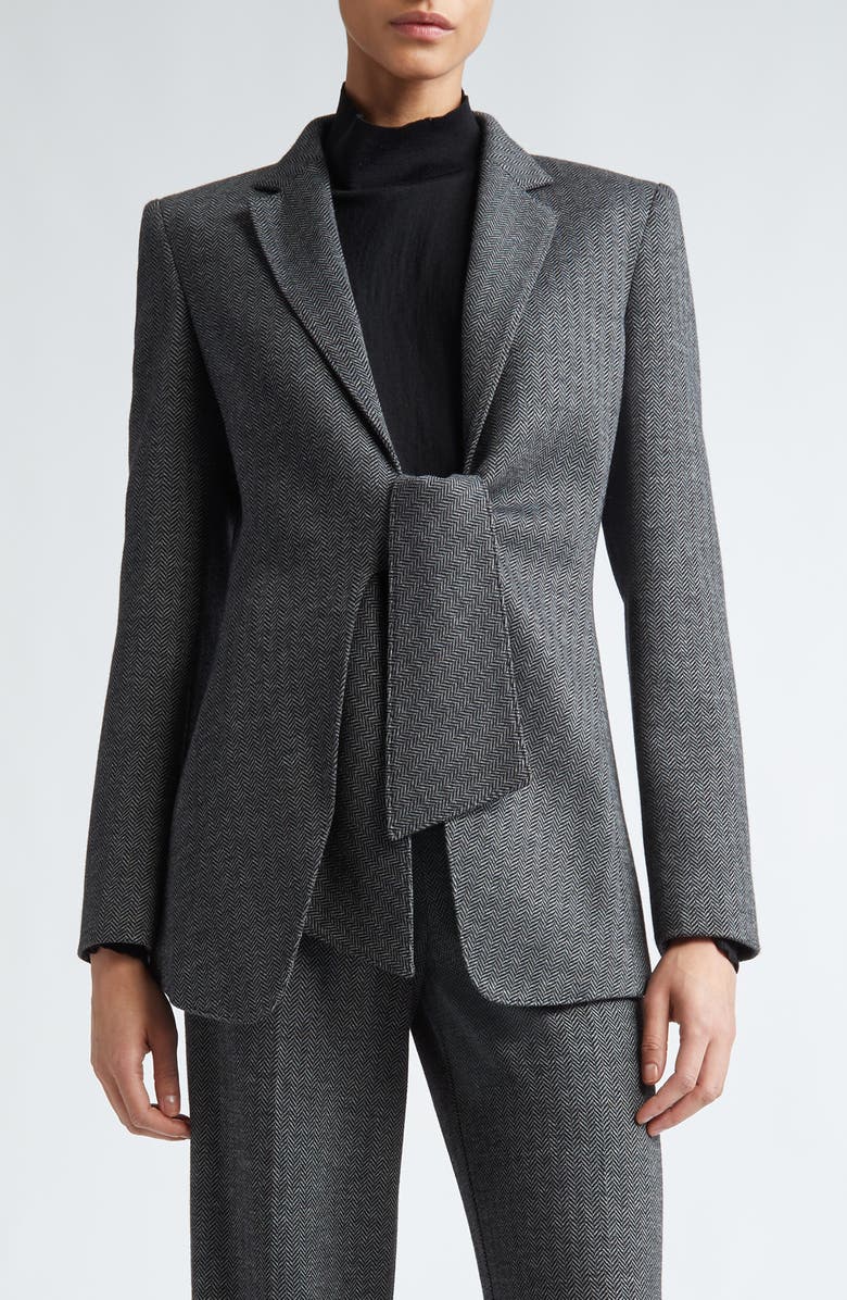 Max Mara Monia Tie Front Herringbone Jersey Blazer, Main, color, Dark Grey