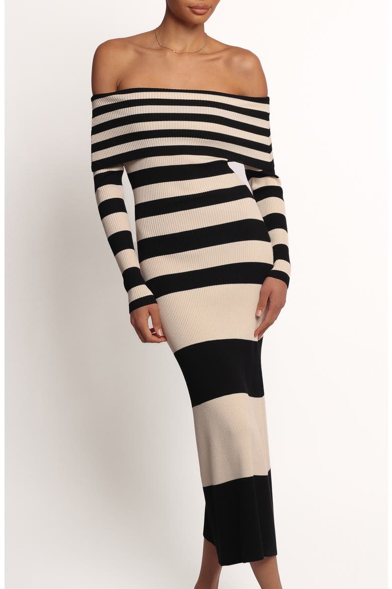 Banks Off the Shoulder Sweater Dress, Main, color, BLACK CREAM STRIPE