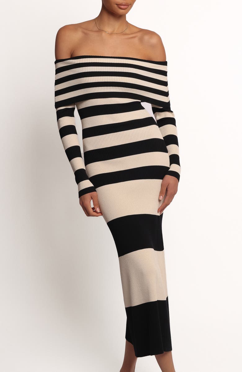 Petal & Pup Banks Off the Shoulder Sweater Dress, Main, color, Black Cream Stripe