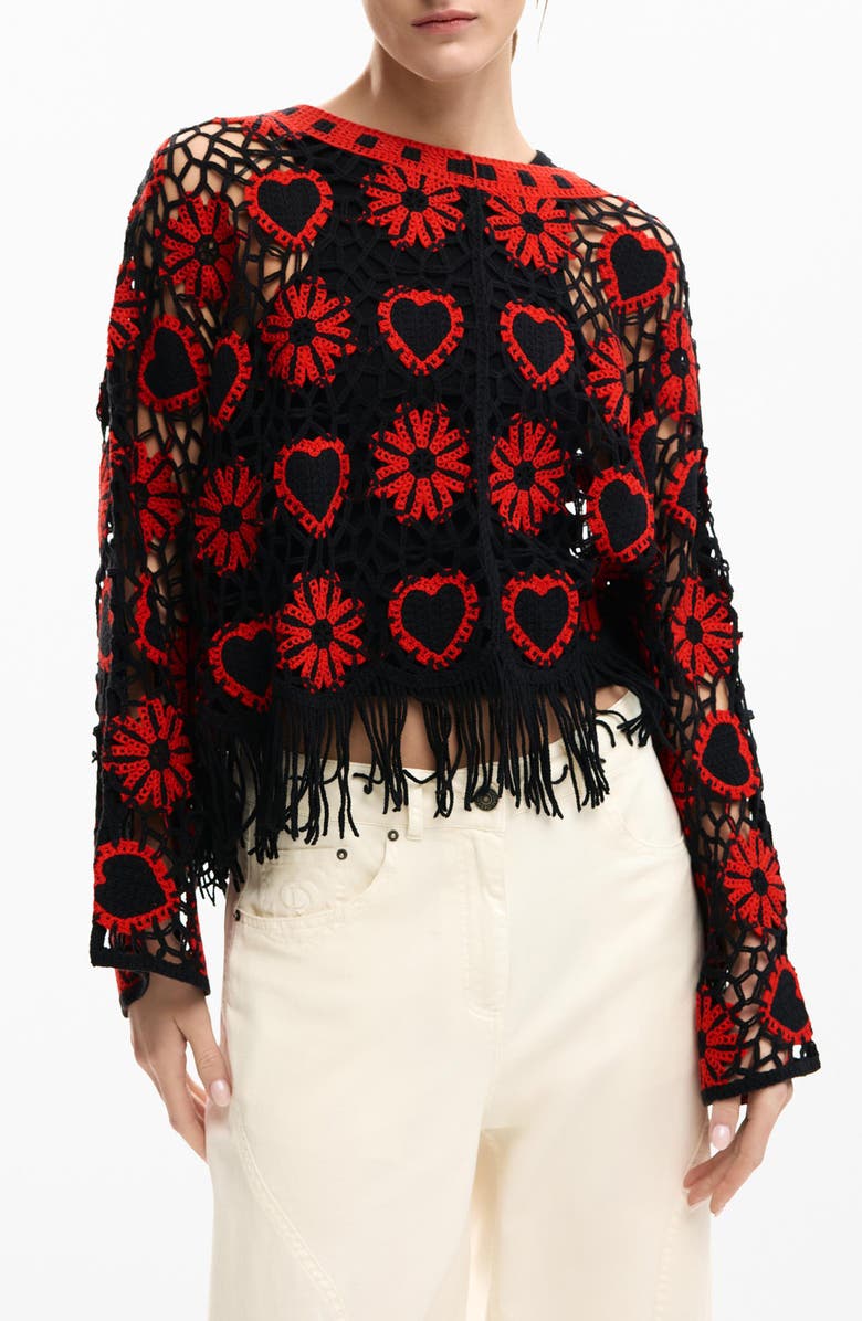 Desigual Fringe Sweater, Main, color, Black