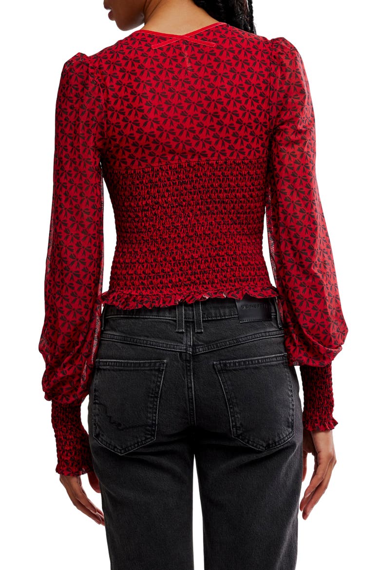 Dottie Bow Print Sheer Sleeve Smocked Top, Alternate, color, SALSA