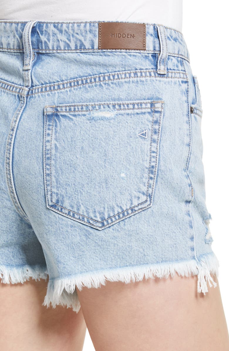 HIDDEN JEANS Distressed High Waist Nonstretch Cutoff Denim Mom Shorts, Alternate, color, Light Wash