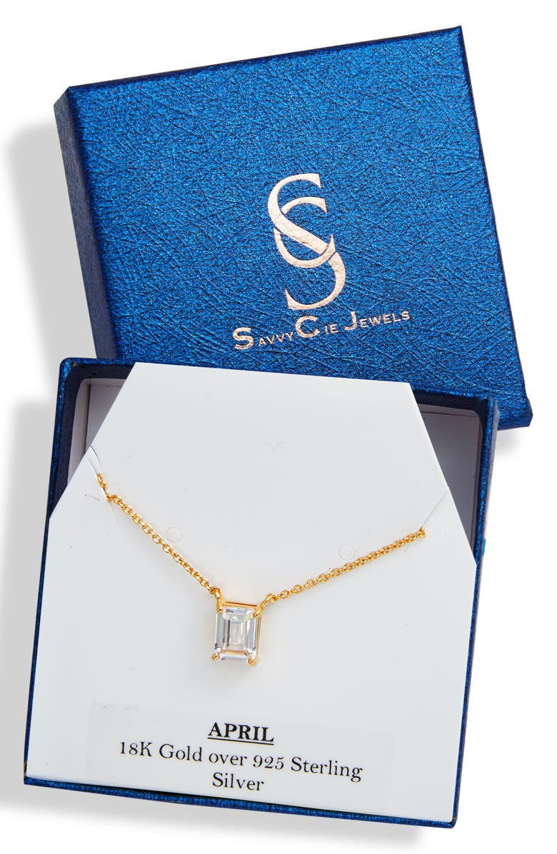SAVVY CIE JEWELS Vermeil Emerald Cut CZ Birth Stone Box Cut Necklace, Alternate, color, Clear-April