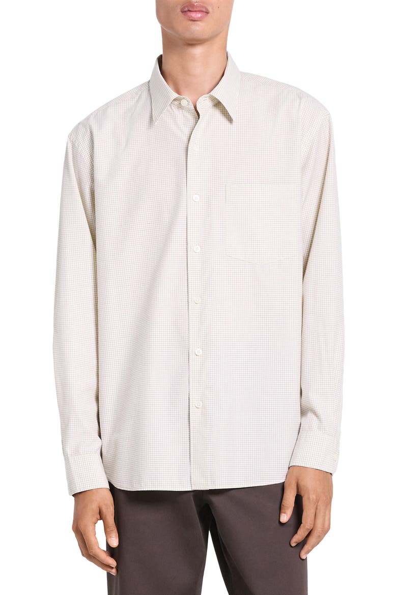 Weekend Microcheck Cotton Blend Button-Up Shirt, Main, color, OAT MILK MULTI
