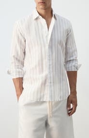 MANGO Stripe Linen Blend Button-Up Shirt
