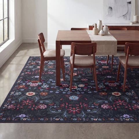 Primrose Art Nouveau Floral Border Non-Slip Machine-Washable Area Rug
