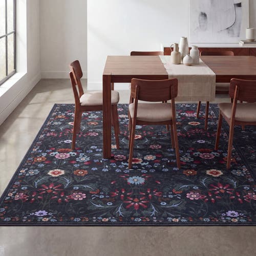 Jonathan Y Primrose Art Nouveau Floral Border Non-slip Machine-washable Area Rug In Dark Green/multi