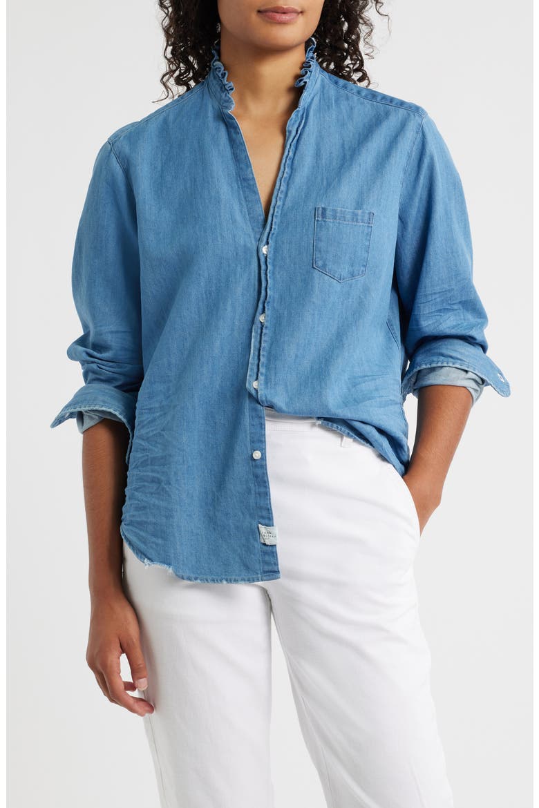 Ruffle Collar Relaxed Button Up Shirt, Main, color, VINTAGE STONEWASHED INDIGO