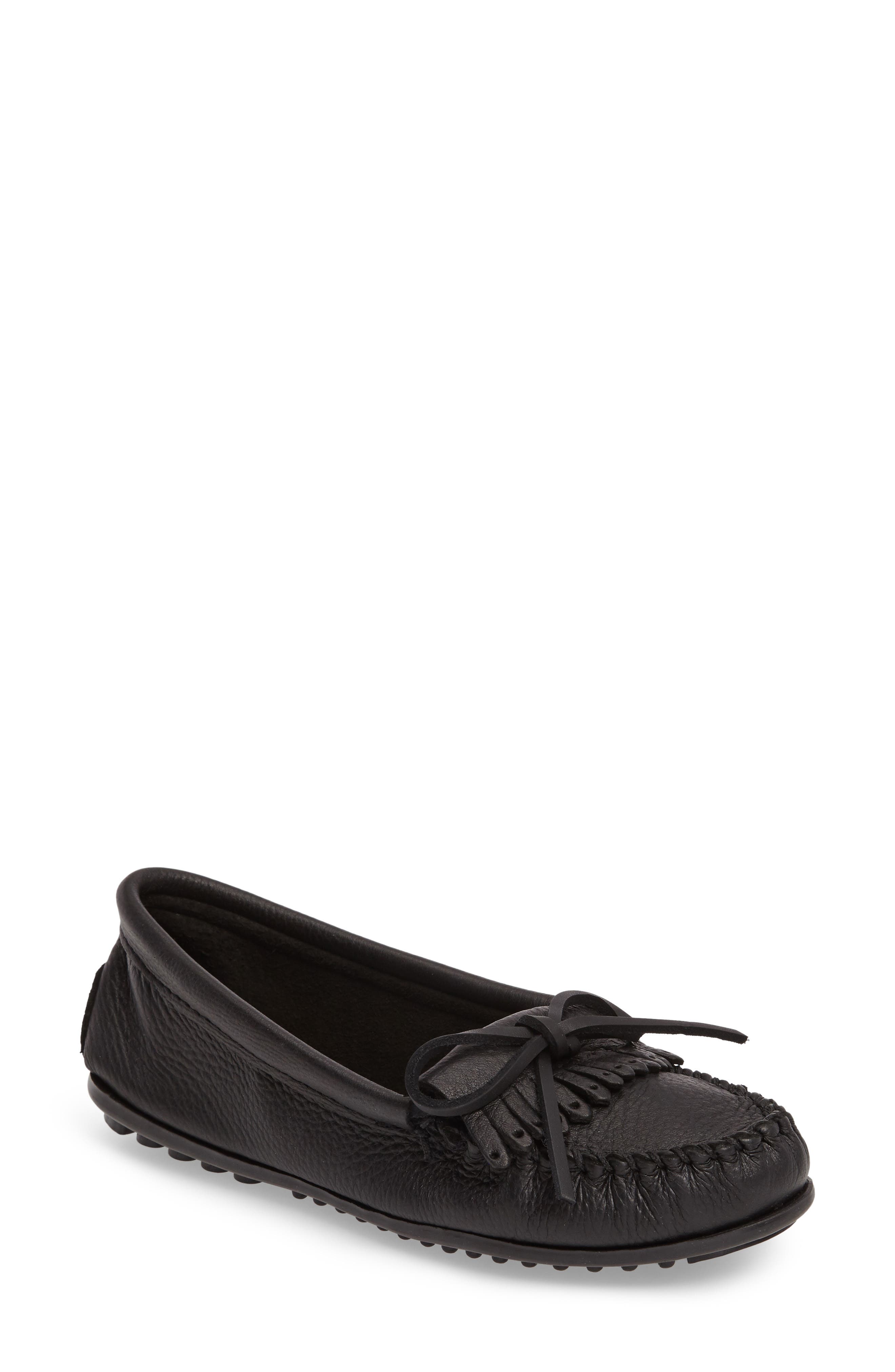 Minnetonka Kilty Driving Shoe, Main, color, Black
