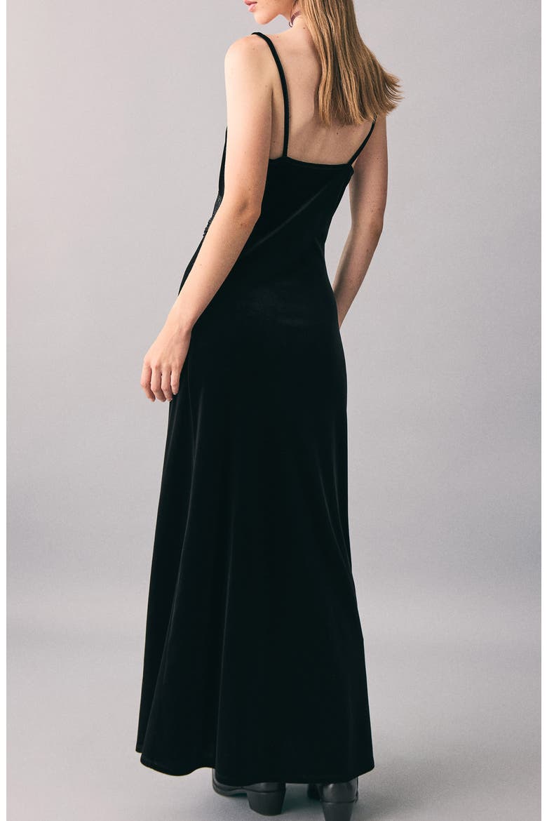 Lace Trim Velvet Maxi Dress, Alternate, color, BLACK