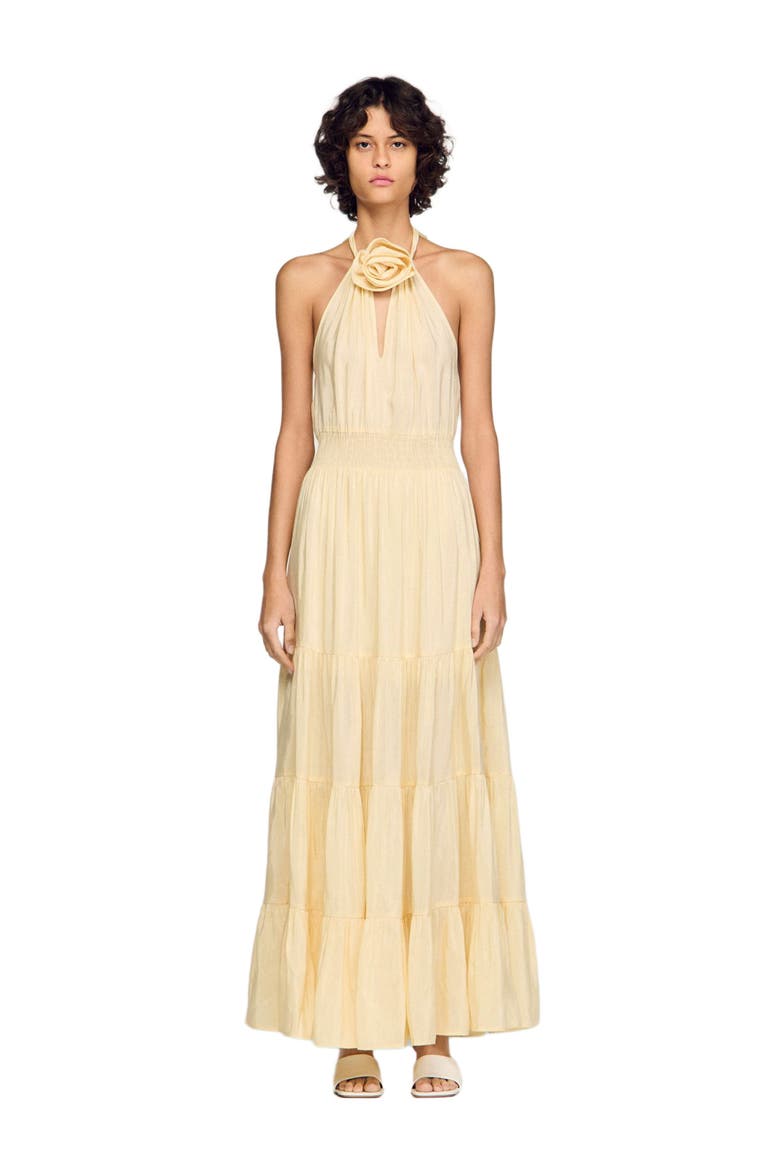 Linen maxi dress with flower detail, Main, color, Vanilla