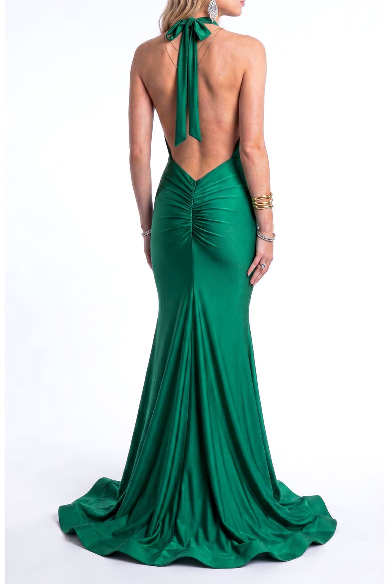 Plunging Halter Open-Back Mermaid Gown With Train, Alternate, color, Forest Green