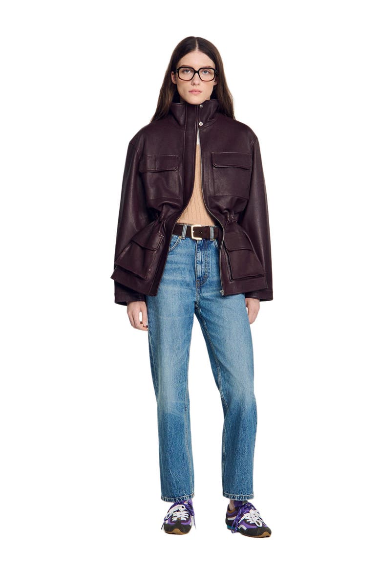 Oversized leather collar jacket, Alternate, color, Bordeaux