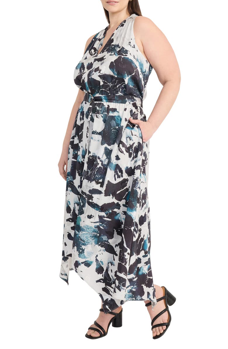 Maggy London Abstract Print Handkerchief Hem Midi Dress, Alternate, color, Black/ Silver/ Grey