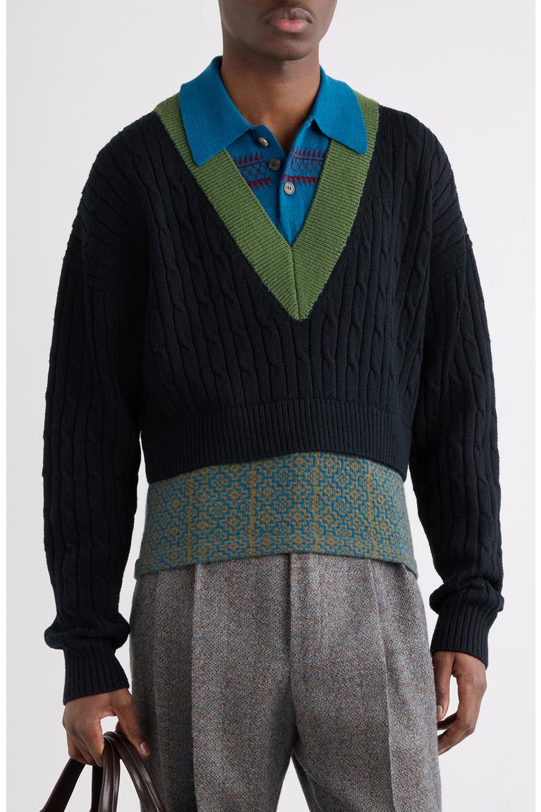 Medan Colorblock Cable Stitch Polo Sweater, Main, color, BLACK