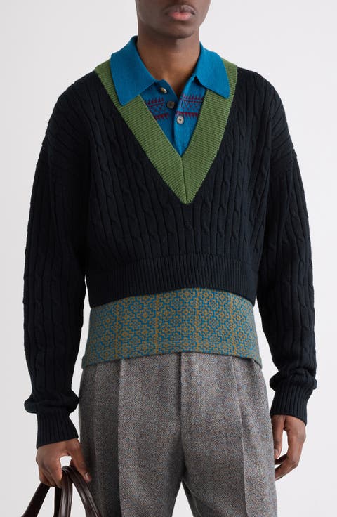 Medan Colorblock Cable Stitch Polo Sweater