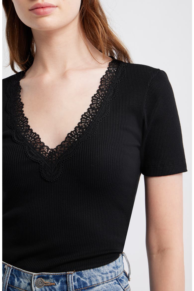 Lace Trim V-Neck Rib Top, Alternate, color, JET BLACK
