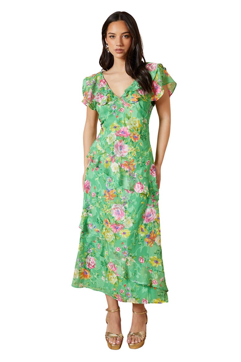 Ruffle Sleeve Jacquard Midi Dress, Main, color, Green
