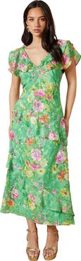 Oasis Ruffle Sleeve Jacquard Midi Dress