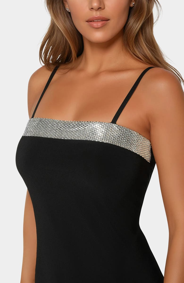 bebe Rhinestone Trim Stretch Jersey Minidress, Alternate, color, Black