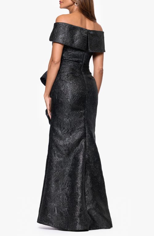 Xscape Evenings Ruffle Off The Shoulder Brocade Gown In Black