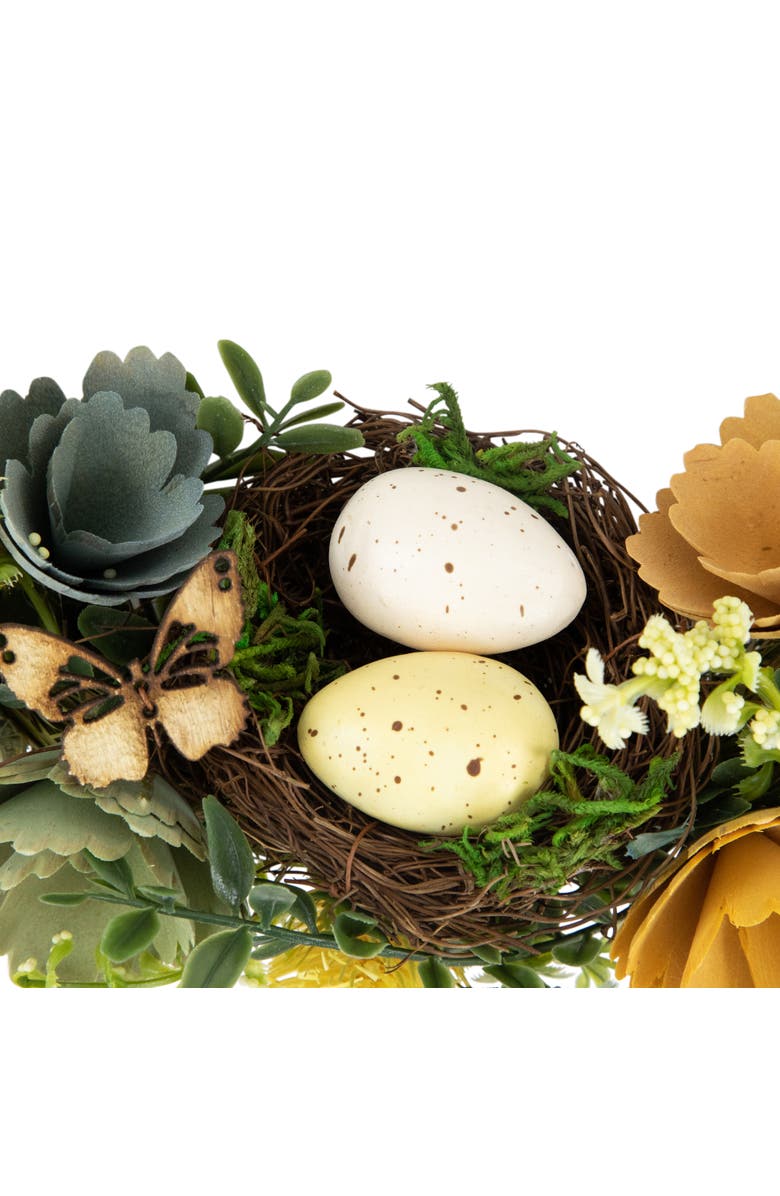 Northlight 12" Easter Egg and Bird Nest Wreath with Wooden Flowers, Alternate, color, Green