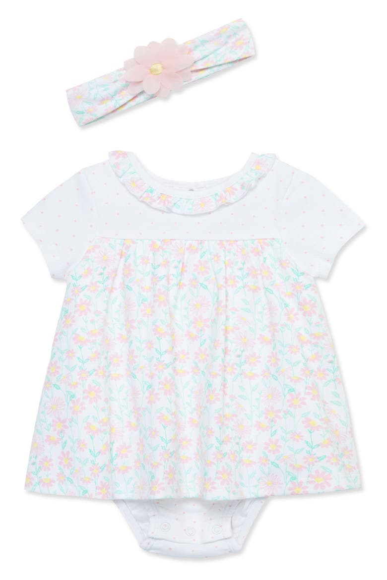 Daisy Dot Skirted Cotton Bodysuit & Headband Set, Main, color, FLORAL
