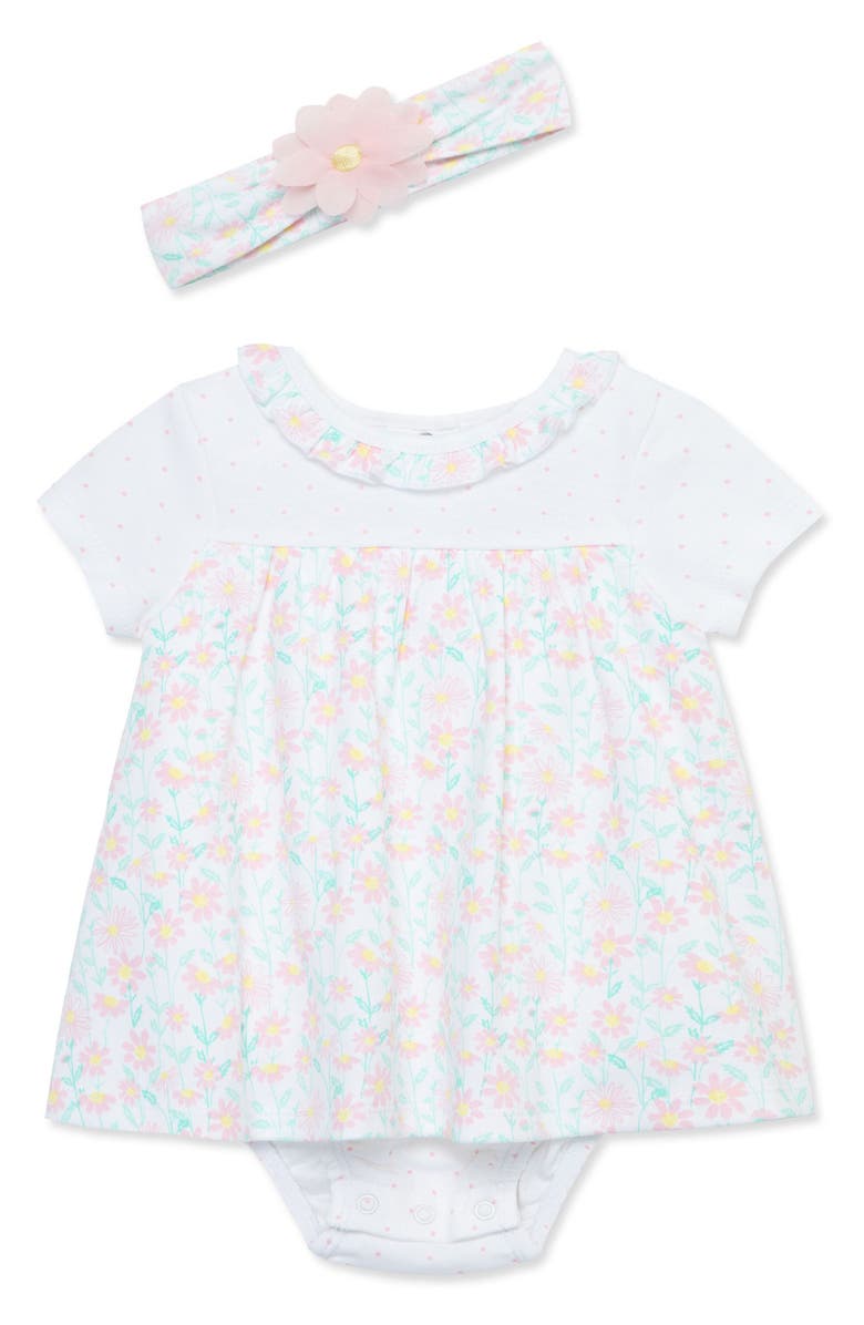 Little Me Daisy Dot Skirted Cotton Bodysuit & Headband Set, Main, color,