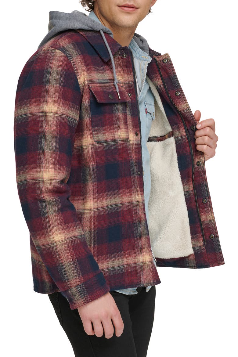 Plaid Faux Shearling Lined Jersey Hood Shirt Jacket, Alternate, color, RED OMBRE