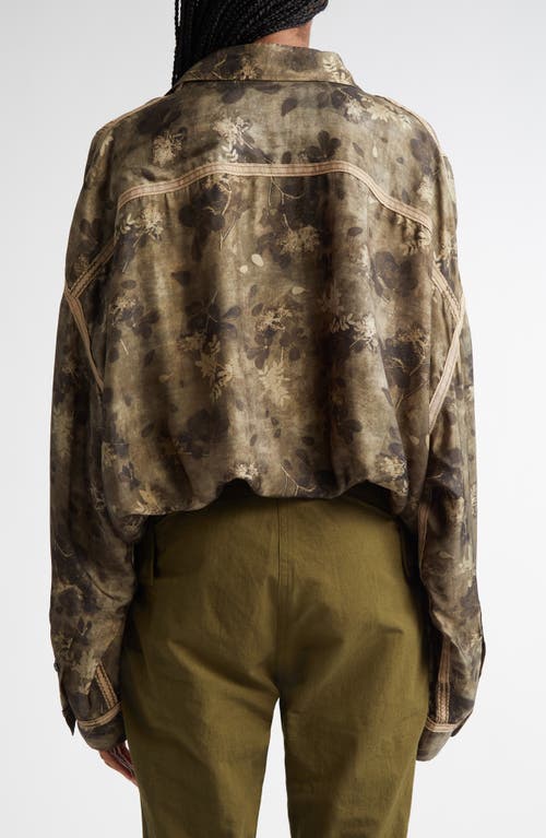 R13 Floral Tapped Crossover Bubble Hem Button-up Shirt In Olive Floral
