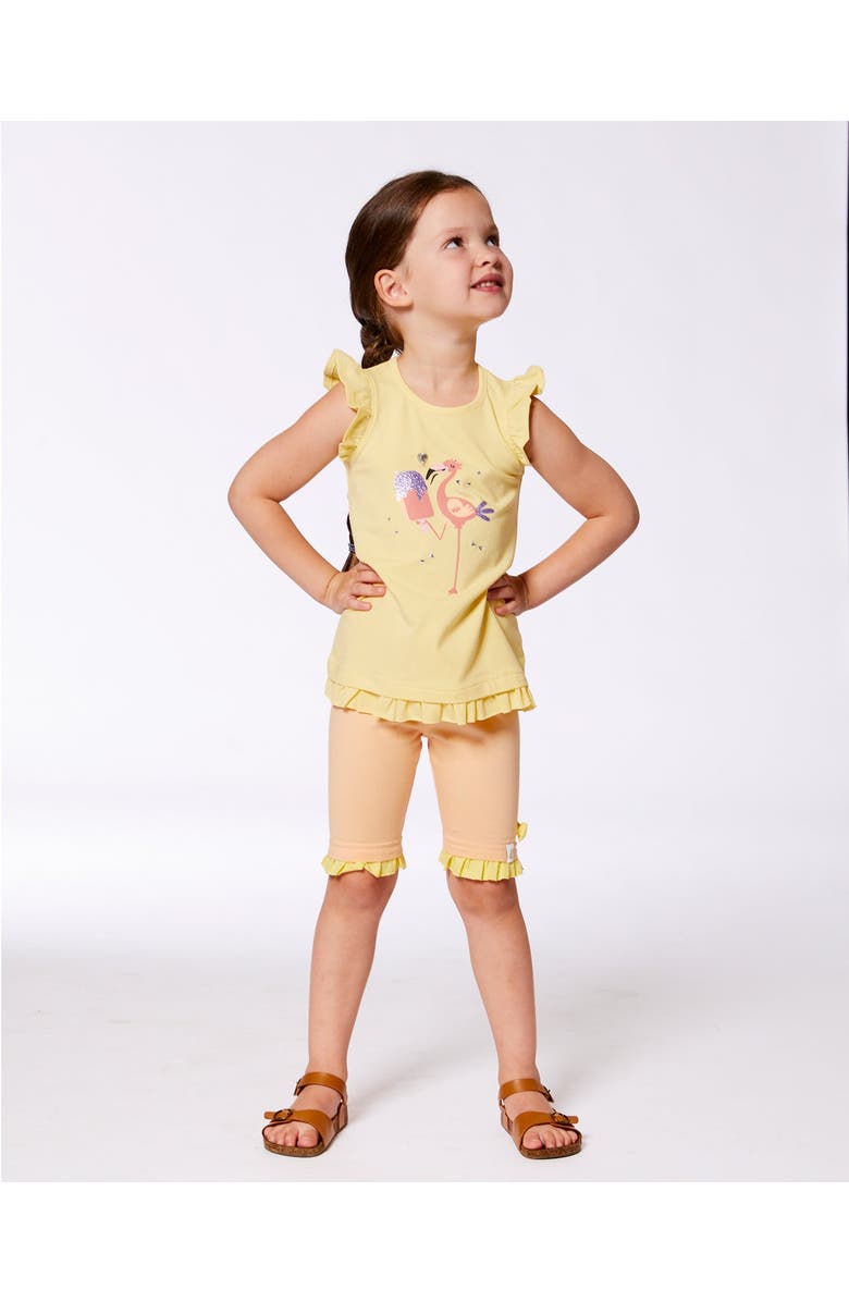 Deux par Deux Girl's Organic Cotton Tunic With Frill And Print Yellow And Flamingo, Alternate, color, Yellow And Flamingo