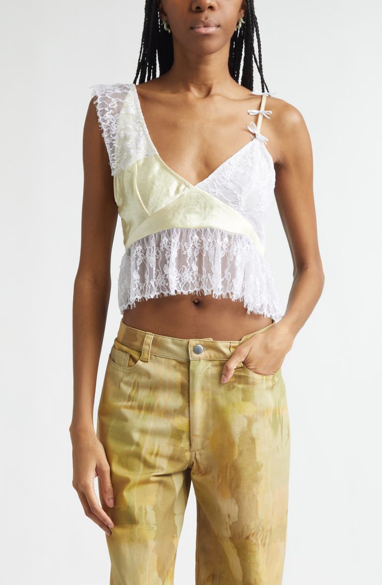 Collina Strada Dahlia Asymmetric Lace & Satin Crop Tank, Main, color, Butter Yellow