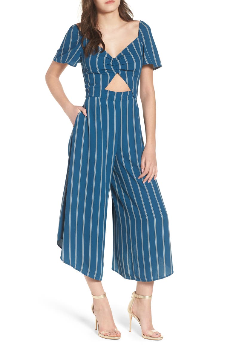 Cutout Culotte Jumpsuit, Main, color, TEAL SEAGATE PINSTRIPE